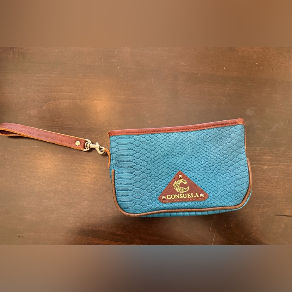 Consuela Blue Textured Wristlet with Brown Trim